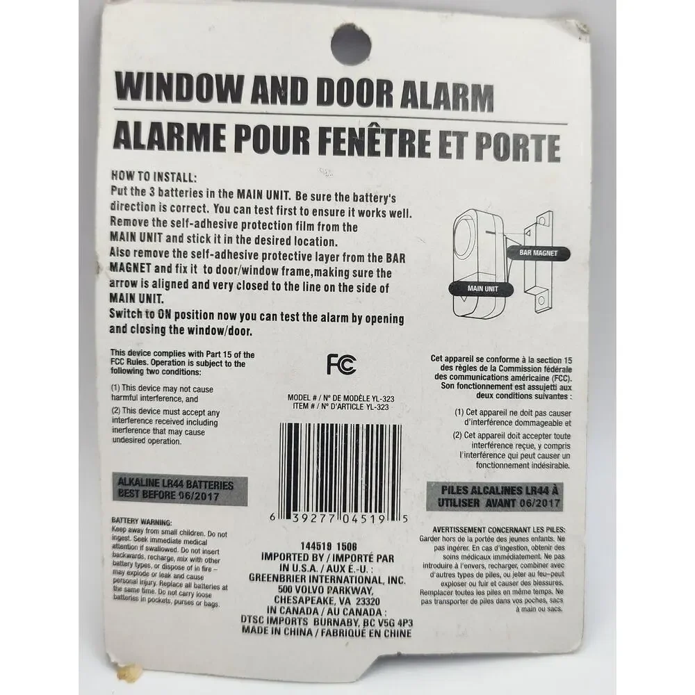 Window and Door ALARM - 90db Piercing SOUND - Intruder Alert - w/batteries